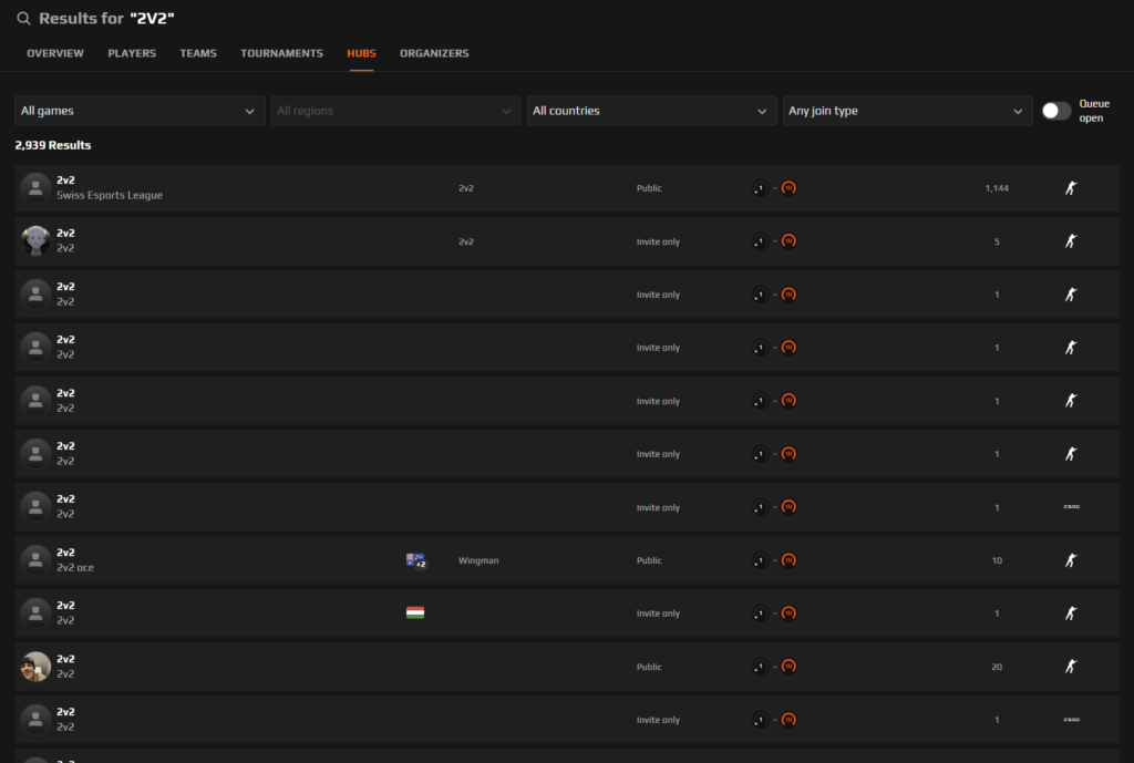 2v2 hub search results in faceit